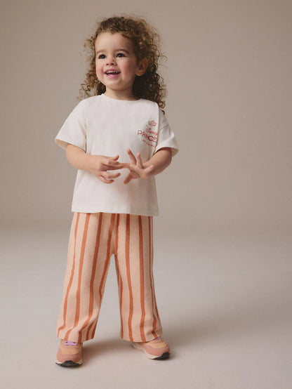 |Girl| Conjunto De Camiseta Creme 100% Algodão Disney Princess Manga Curta e Calça Larga