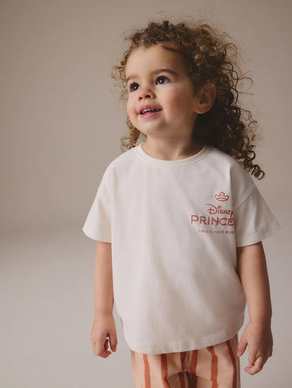 |Girl| Conjunto De Camiseta Creme 100% Algodão Disney Princess Manga Curta e Calça Larga