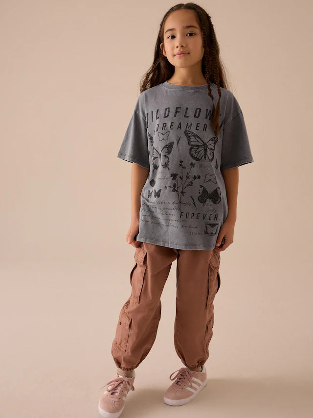 |BigGirl| Camiseta Gráfica Grande Cinza 100% Algodão Cinza Carvão (3 a 16 anos)