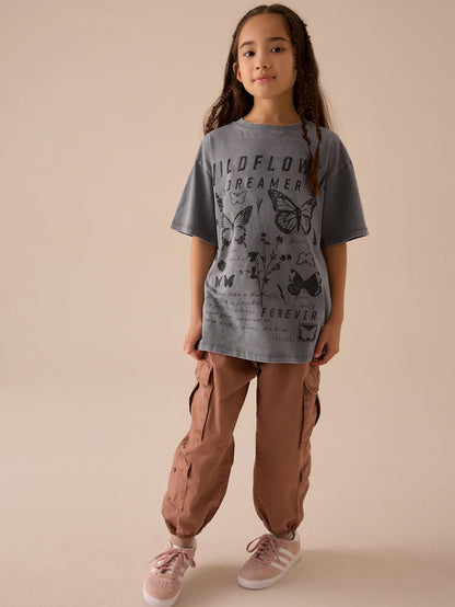 |BigGirl| Camiseta Gráfica Grande Cinza 100% Algodão Cinza Carvão (3 a 16 anos)