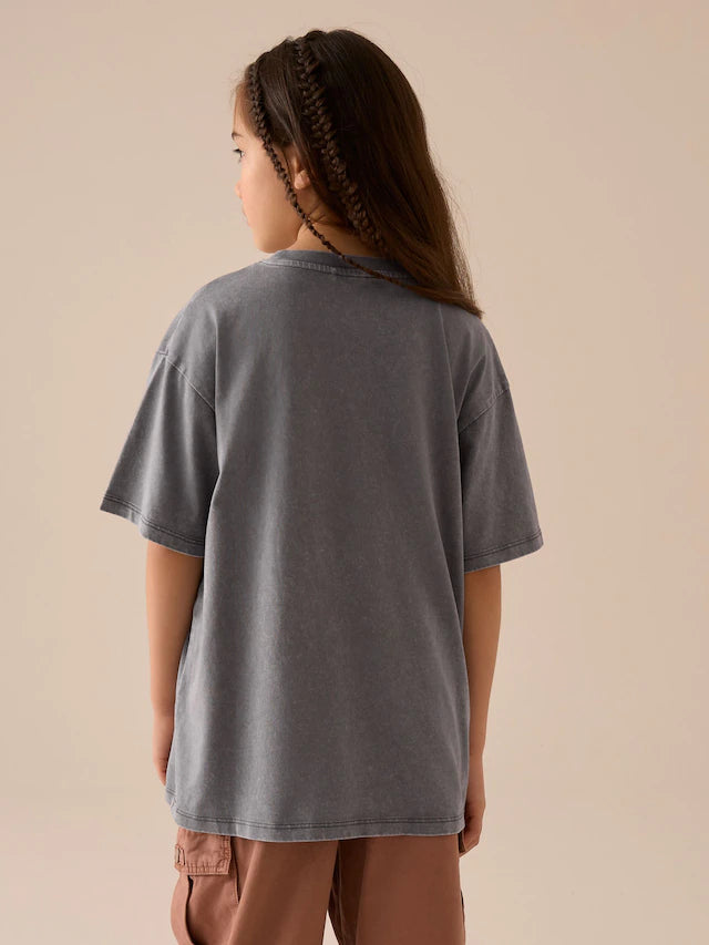 |BigGirl| Camiseta Gráfica Grande Cinza 100% Algodão Cinza Carvão (3 a 16 anos)