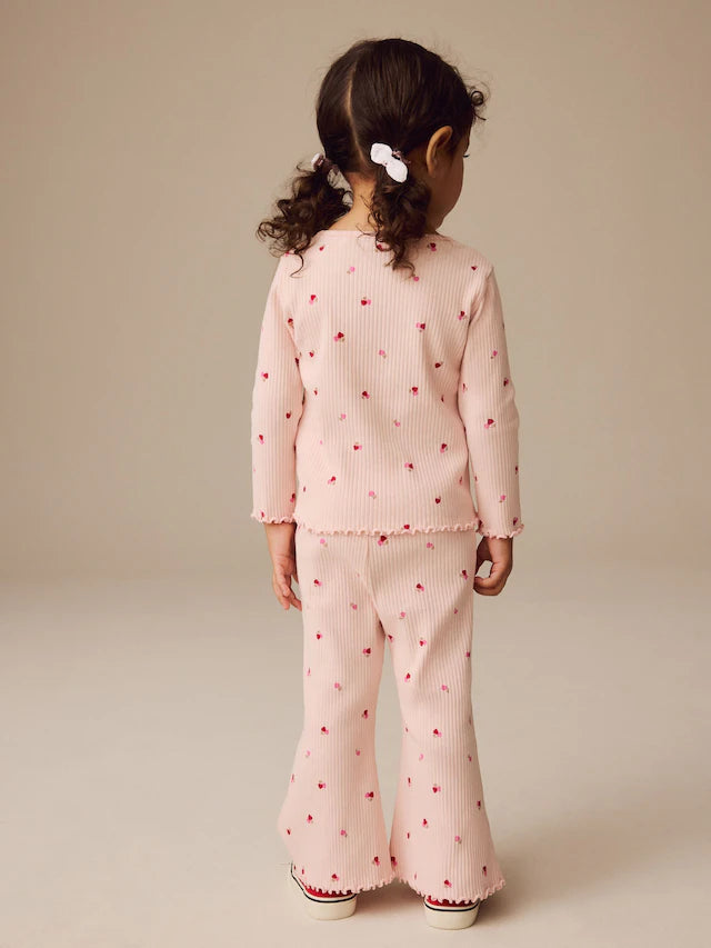 |Girl| Camiseta De Manga Comprida Canelada Com Corações De Cereja Rosa (3 meses a 7 anos)