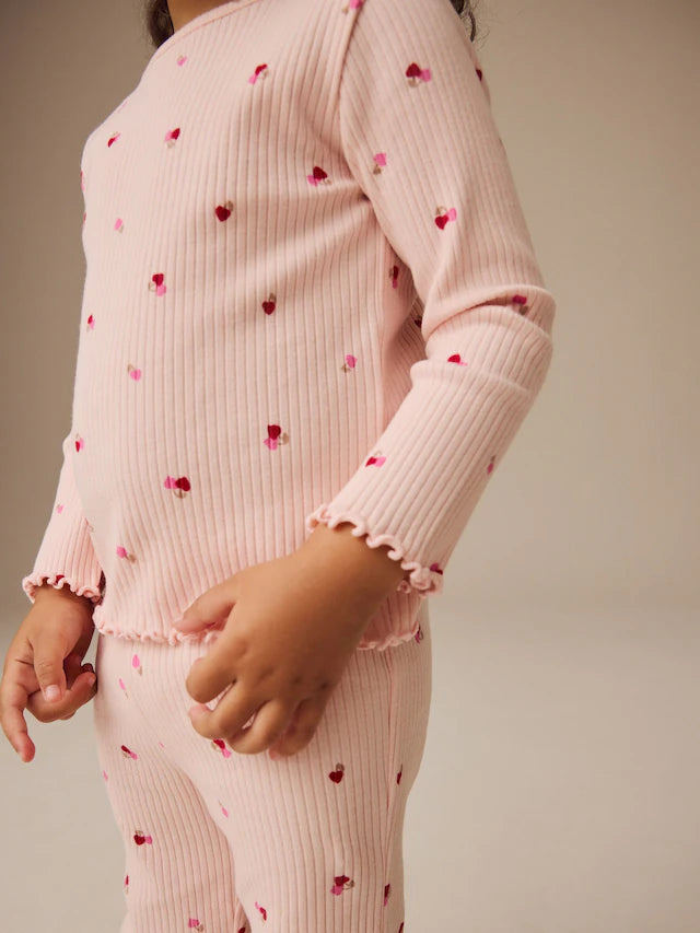 |Girl| Camiseta De Manga Comprida Canelada Com Corações De Cereja Rosa (3 meses a 7 anos)