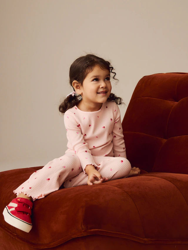 |Girl| Camiseta De Manga Comprida Canelada Com Corações De Cereja Rosa (3 meses a 7 anos)