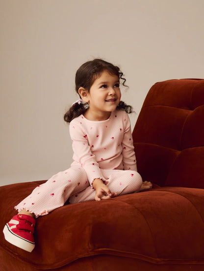 |Girl| Camiseta De Manga Comprida Canelada Com Corações De Cereja Rosa (3 meses a 7 anos)