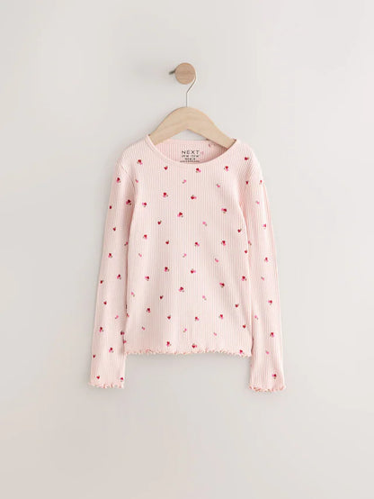 |Girl| Camiseta De Manga Comprida Canelada Com Corações De Cereja Rosa (3 meses a 7 anos)