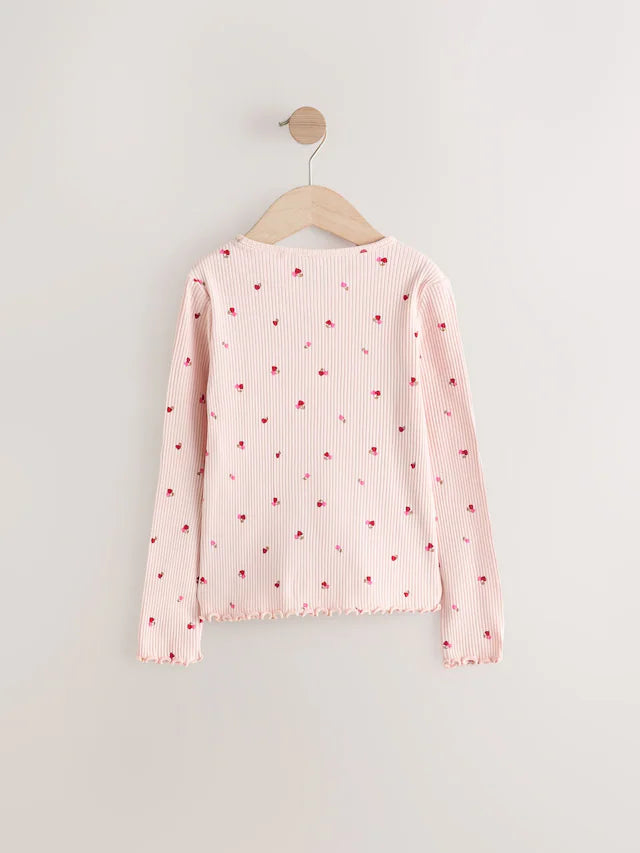 |Girl| Camiseta De Manga Comprida Canelada Com Corações De Cereja Rosa (3 meses a 7 anos)