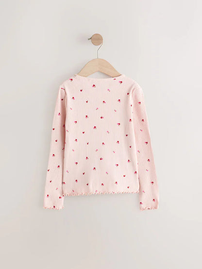 |Girl| Camiseta De Manga Comprida Canelada Com Corações De Cereja Rosa (3 meses a 7 anos)