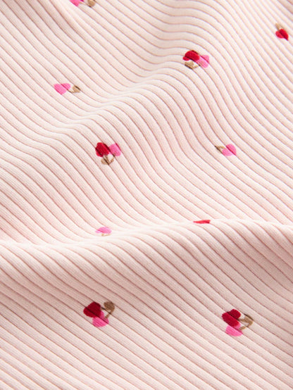 |Girl| Camiseta De Manga Comprida Canelada Com Corações De Cereja Rosa (3 meses a 7 anos)