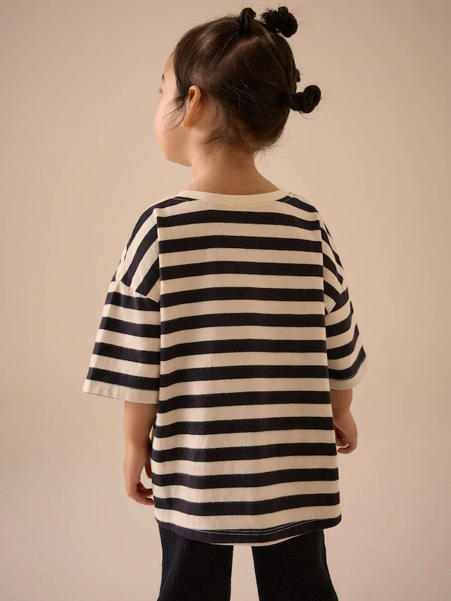 |Girl| Camiseta Feminina Listrada Preta e Branca Manga Curta 100% Algodão (3 meses a 7 anos)