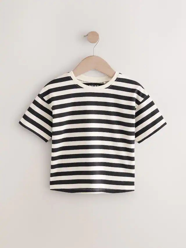 |Girl| Camiseta Feminina Listrada Preta e Branca Manga Curta 100% Algodão (3 meses a 7 anos)