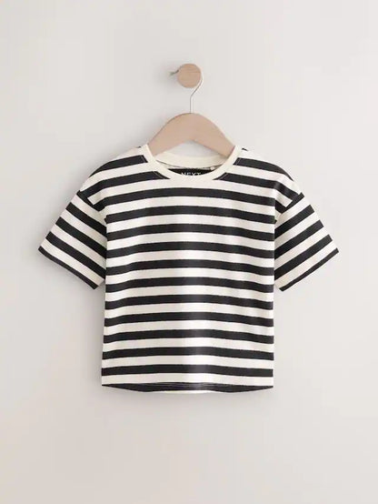 |Girl| Camiseta Feminina Listrada Preta e Branca Manga Curta 100% Algodão (3 meses a 7 anos)