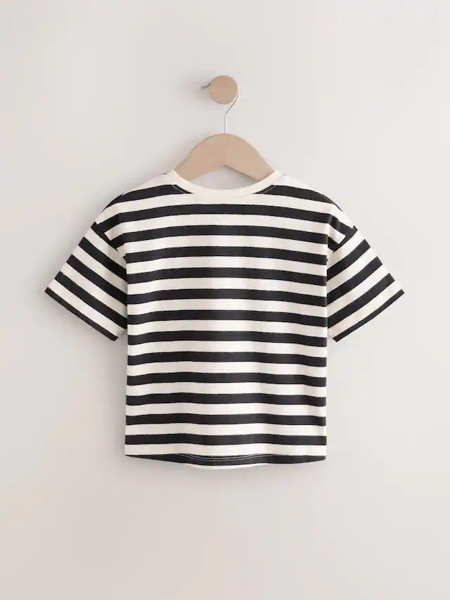 |Girl| Camiseta Feminina Listrada Preta e Branca Manga Curta 100% Algodão (3 meses a 7 anos)