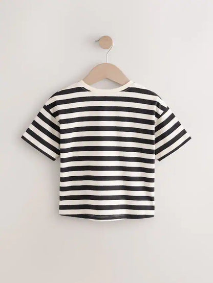 |Girl| Camiseta Feminina Listrada Preta e Branca Manga Curta 100% Algodão (3 meses a 7 anos)