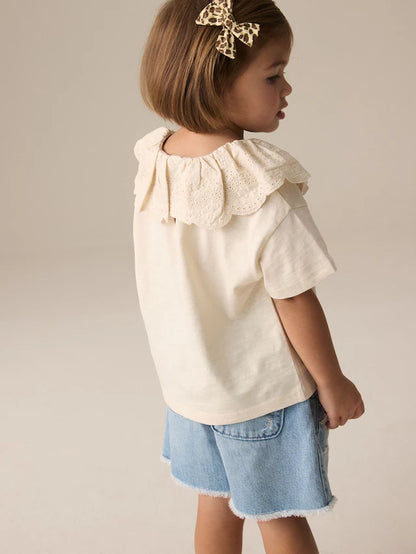 |Girl| Top De Manga Curta Creme Com Gola Bordada 100% Algodão (3 meses a 7 anos)