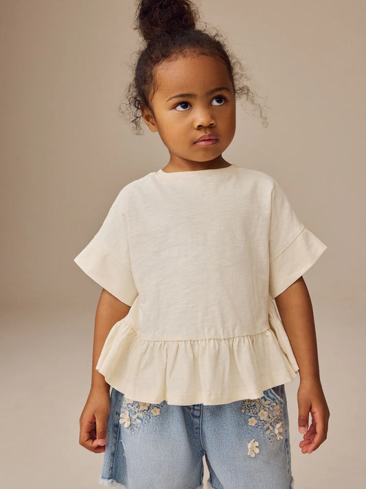 |Girl| Camiseta Peplum Branca de Manga Curta 100% Algodão (3 meses a 7 anos)