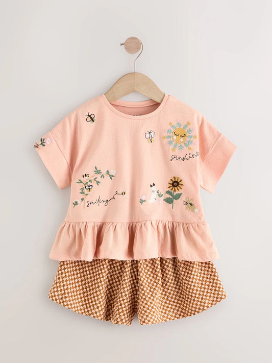 |Girl| Conjunto De Camiseta e Shorts Peplum De Manga Curta Com Bordado De Flor Rosa Coral 100% algodão