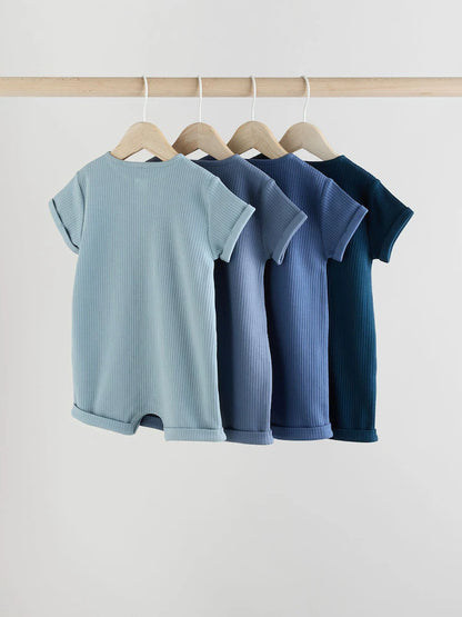 |BabyBoy| Conjunto Com 4 Macacões Infantis Azuis Com Botões No Pescoço, Estilo Vovô.