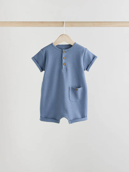 |BabyBoy| Conjunto Com 4 Macacões Infantis Azuis Com Botões No Pescoço, Estilo Vovô.