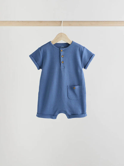 |BabyBoy| Conjunto Com 4 Macacões Infantis Azuis Com Botões No Pescoço, Estilo Vovô.