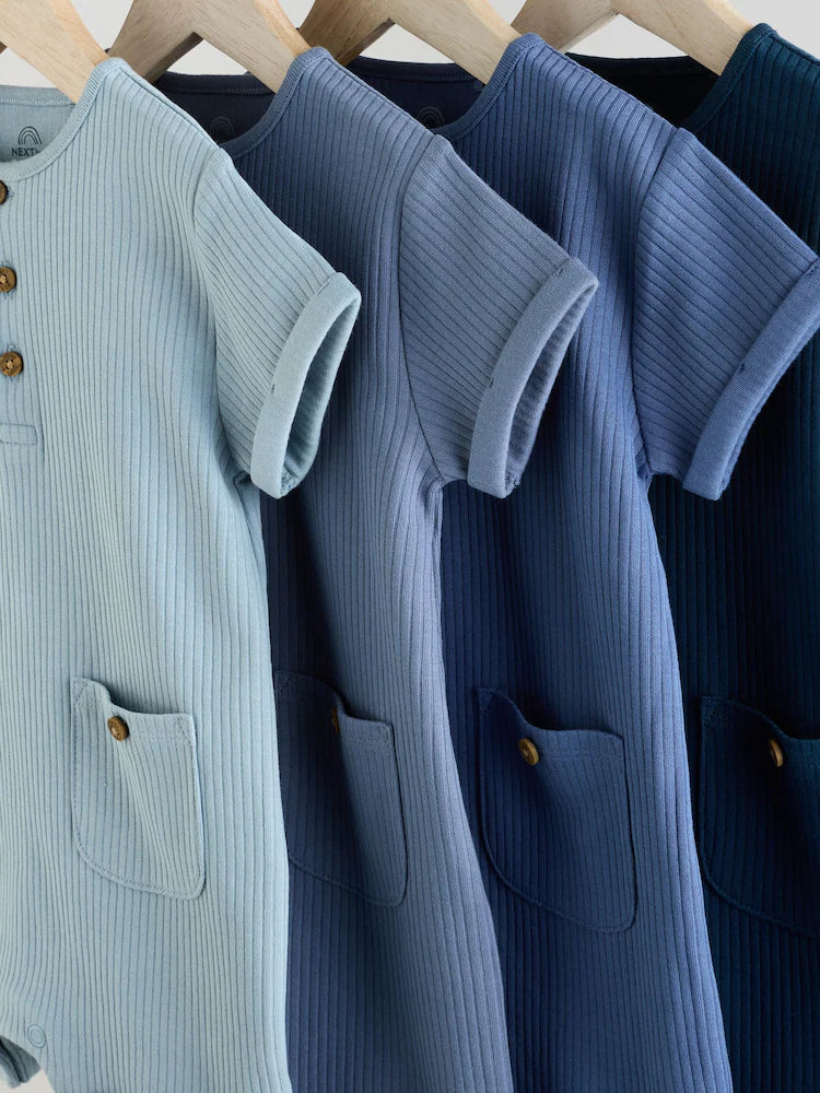 |BabyBoy| Conjunto Com 4 Macacões Infantis Azuis Com Botões No Pescoço, Estilo Vovô.