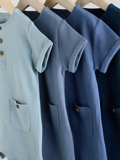 |BabyBoy| Conjunto Com 4 Macacões Infantis Azuis Com Botões No Pescoço, Estilo Vovô.