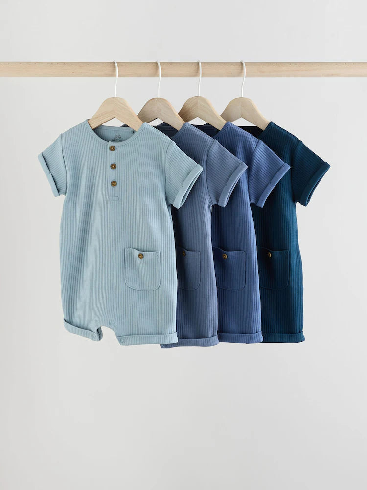 |BabyBoy| Conjunto Com 4 Macacões Infantis Azuis Com Botões No Pescoço, Estilo Vovô.