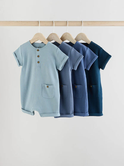 |BabyBoy| Conjunto Com 4 Macacões Infantis Azuis Com Botões No Pescoço, Estilo Vovô.