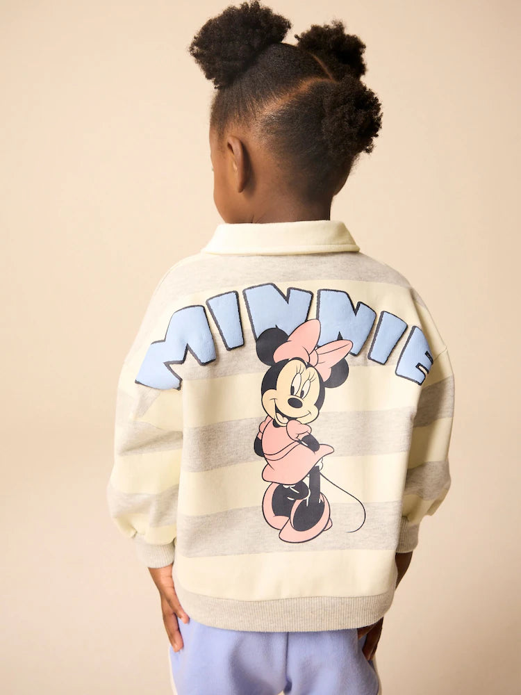 |Girl| Conjunto De Moletom e Shorts Cinza 100% Algodão Minnie Mouse Com Listras De Rugby (3 meses a 7 anos)