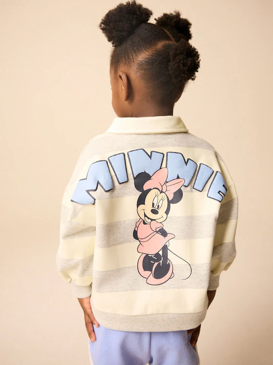 |Girl| Conjunto De Moletom e Shorts Cinza 100% Algodão Minnie Mouse Com Listras De Rugby (3 meses a 7 anos)