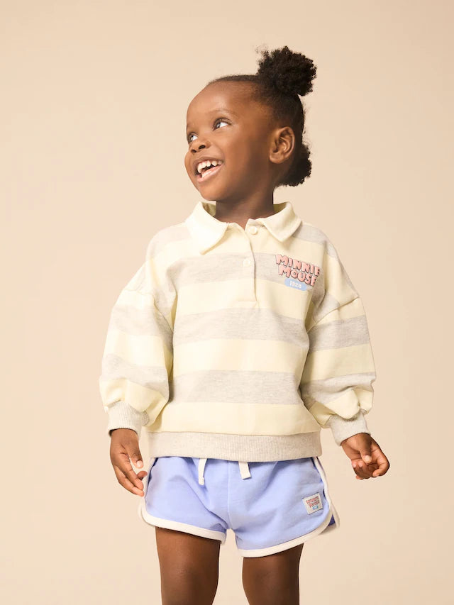 |Girl| Conjunto De Moletom e Shorts Cinza 100% Algodão Minnie Mouse Com Listras De Rugby (3 meses a 7 anos)