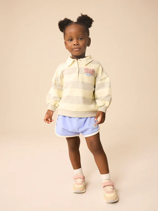 |Girl| Conjunto De Moletom e Shorts Cinza 100% Algodão Minnie Mouse Com Listras De Rugby (3 meses a 7 anos)