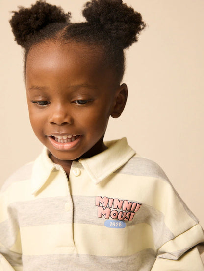 |Girl| Conjunto De Moletom e Shorts Cinza 100% Algodão Minnie Mouse Com Listras De Rugby (3 meses a 7 anos)