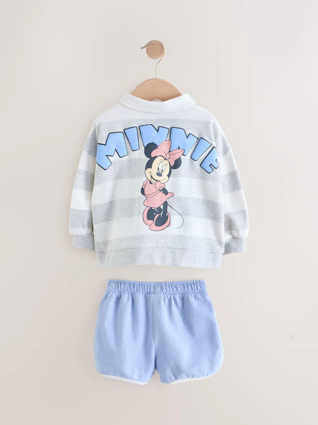 |Girl| Conjunto De Moletom e Shorts Cinza 100% Algodão Minnie Mouse Com Listras De Rugby (3 meses a 7 anos)