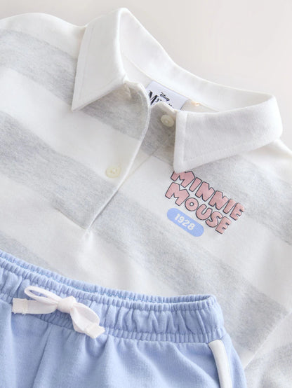 |Girl| Conjunto De Moletom e Shorts Cinza 100% Algodão Minnie Mouse Com Listras De Rugby (3 meses a 7 anos)