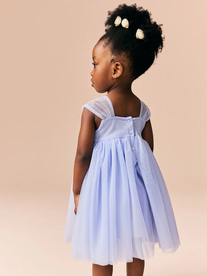 |Girl| Vestido De Malha Azul Sem Mangas Com Flores (3 meses a 7 anos)