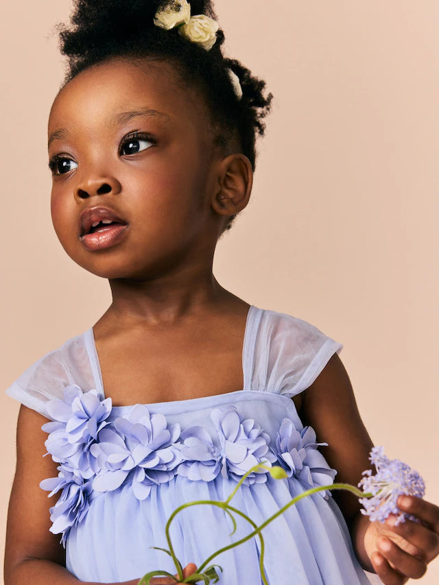 |Girl| Vestido De Malha Azul Sem Mangas Com Flores (3 meses a 7 anos)