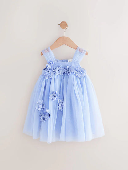 |Girl| Vestido De Malha Azul Sem Mangas Com Flores (3 meses a 7 anos)