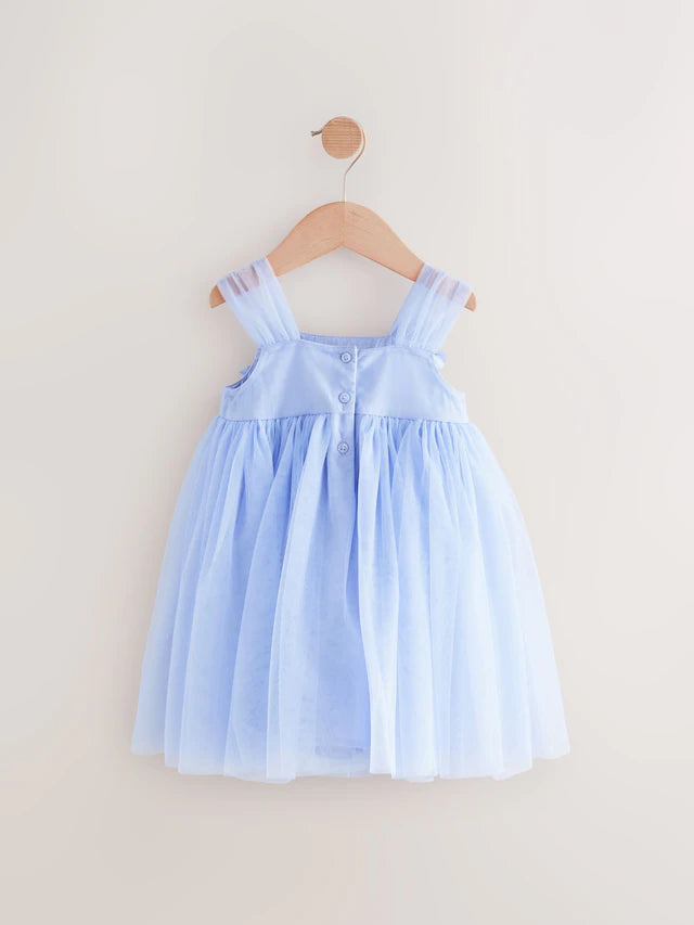 |Girl| Vestido De Malha Azul Sem Mangas Com Flores (3 meses a 7 anos)