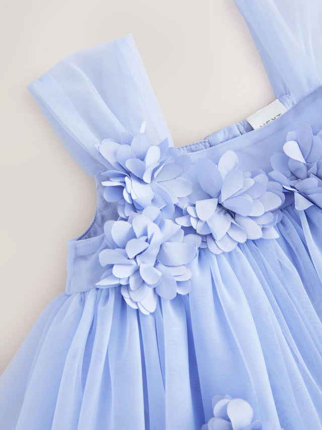 |Girl| Vestido De Malha Azul Sem Mangas Com Flores (3 meses a 7 anos)