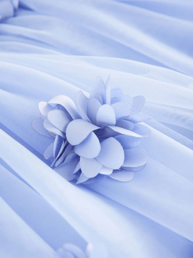 |Girl| Vestido De Malha Azul Sem Mangas Com Flores (3 meses a 7 anos)