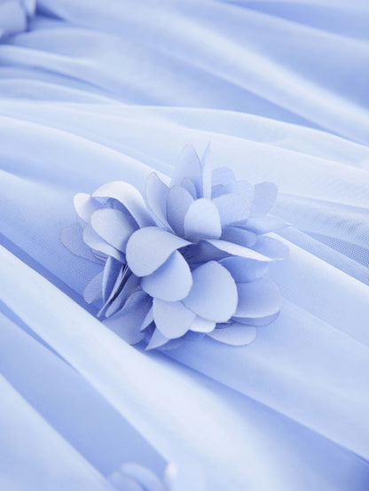 |Girl| Vestido De Malha Azul Sem Mangas Com Flores (3 meses a 7 anos)