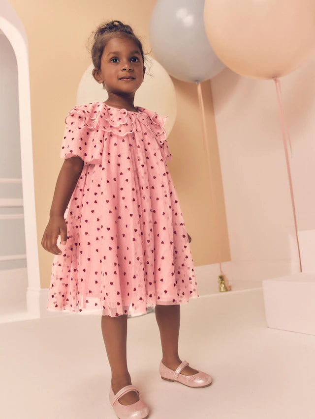 |Girl| Vestido De Festa De Malha Com Gola De Coração Rosa (3 meses a 7 anos)