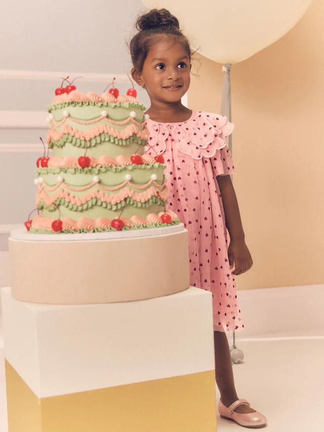 |Girl| Vestido De Festa De Malha Com Gola De Coração Rosa (3 meses a 7 anos)