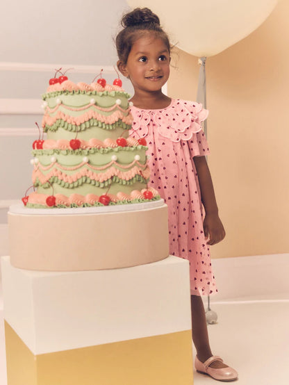 |Girl| Vestido De Festa De Malha Com Gola De Coração Rosa (3 meses a 7 anos)