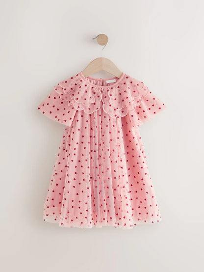 |Girl| Vestido De Festa De Malha Com Gola De Coração Rosa (3 meses a 7 anos)