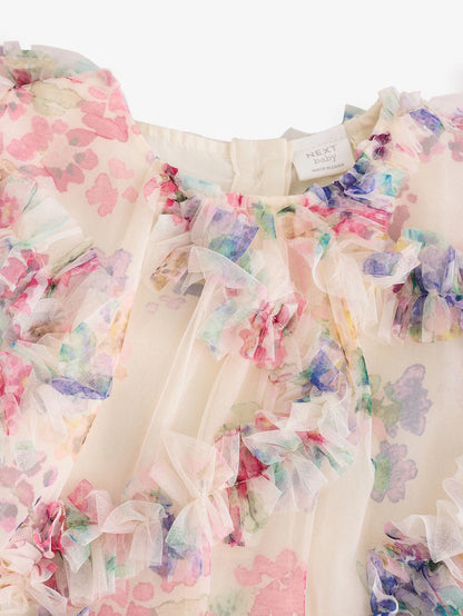 |Girl| Vestido De Festa De Malha Multifloral (3 meses a 7 anos)