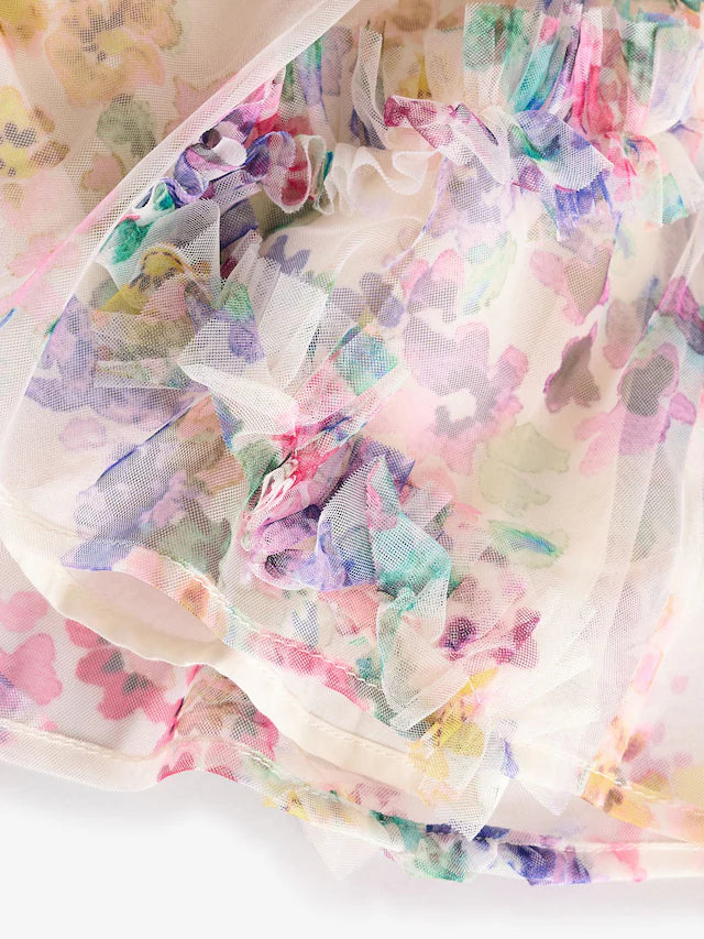 |Girl| Vestido De Festa De Malha Multifloral (3 meses a 7 anos)