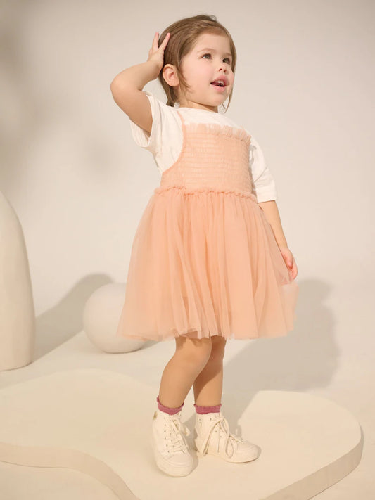 |Girl| Conjunto De Vestido e Camiseta De Malha Rosa Pêssego De Manga Curta (3 meses a 7 anos)