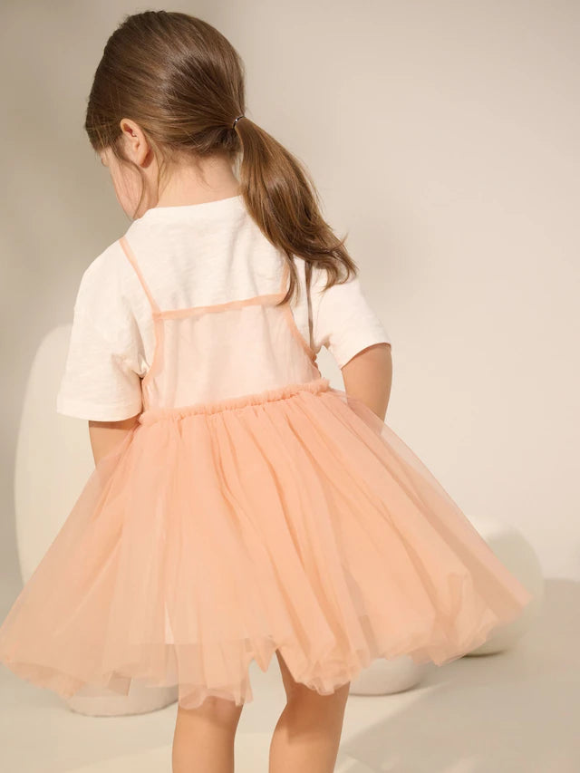 |Girl| Conjunto De Vestido e Camiseta De Malha Rosa Pêssego De Manga Curta (3 meses a 7 anos)
